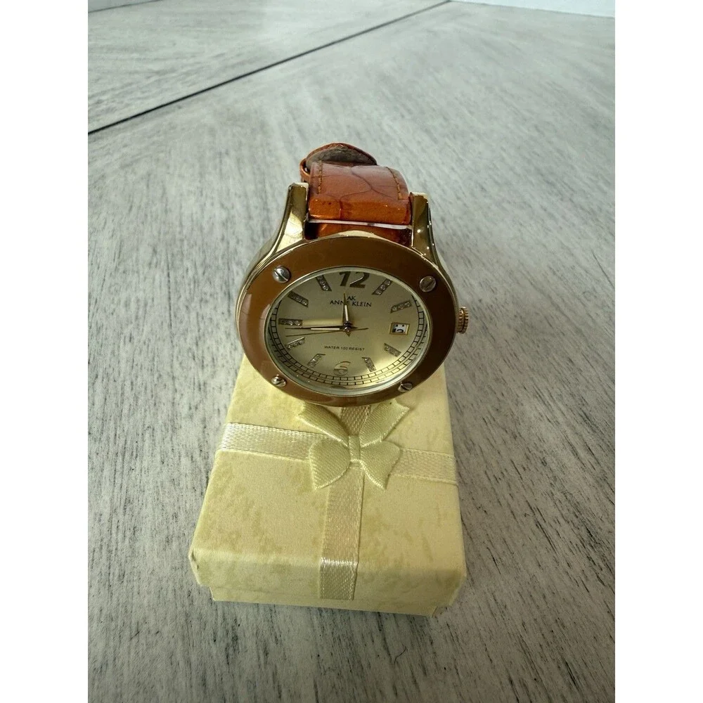 Anne Klein Watch Women's Gold Tone Brown Leather Band Quartz Analog WR 100FT SS
